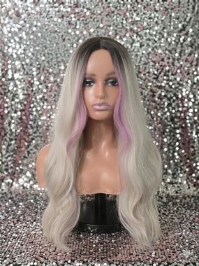 Platinum Blonde Long Wavy Wig with Pink Money Piece Highlights
